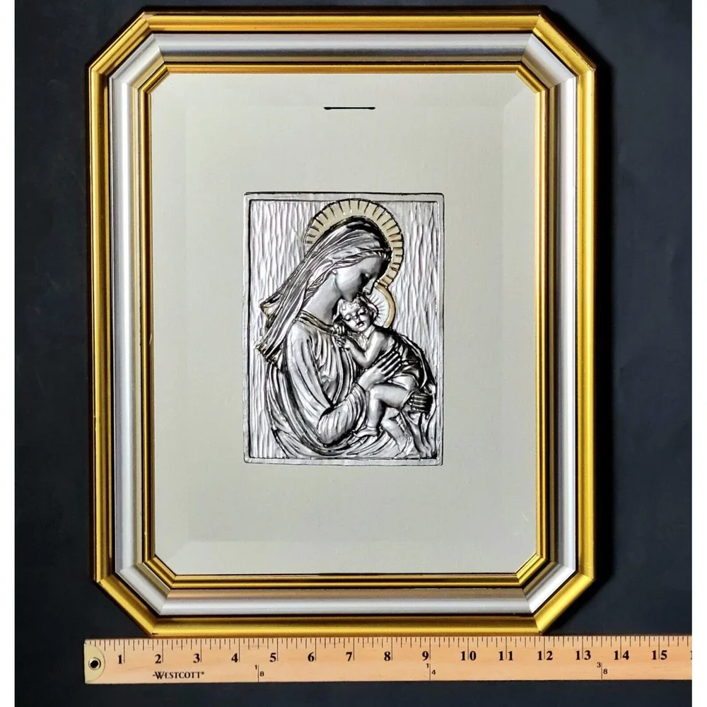 925K Sterling Blessed Mother & Child Mirror Wall Art Gold Tone Accents MCM Italy